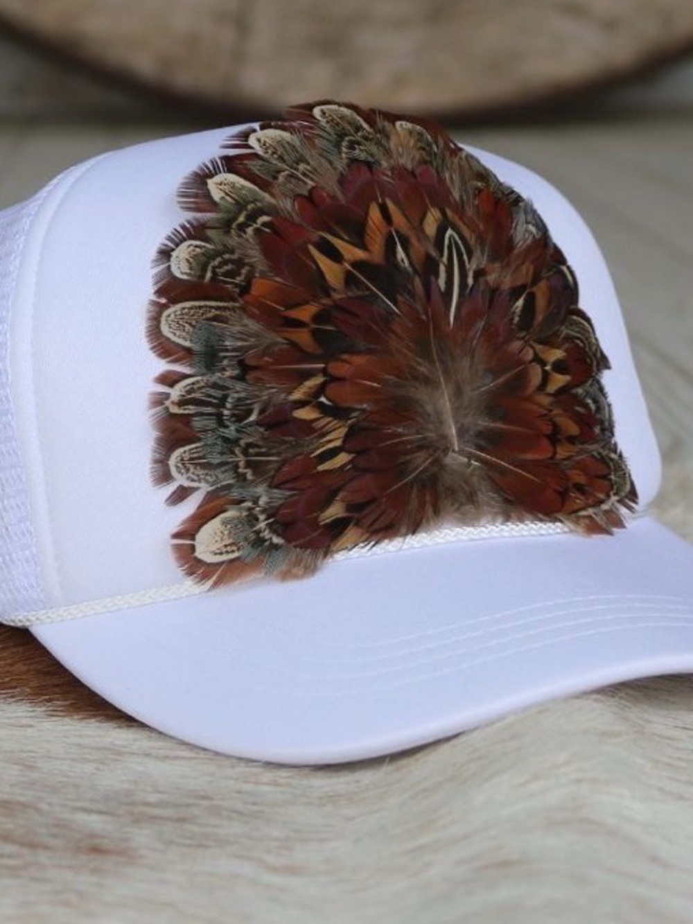 OTTO Brown and Cream Trucker Cap with Feather & Brass Shell Accent - Picture 2 of 5